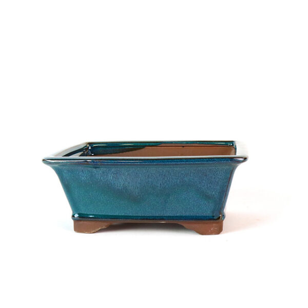 Elevate your bonsai display with our 8" Tall Footed Rectangle Pot in Teal. Perfect for showcasing plants with style and sophistication.